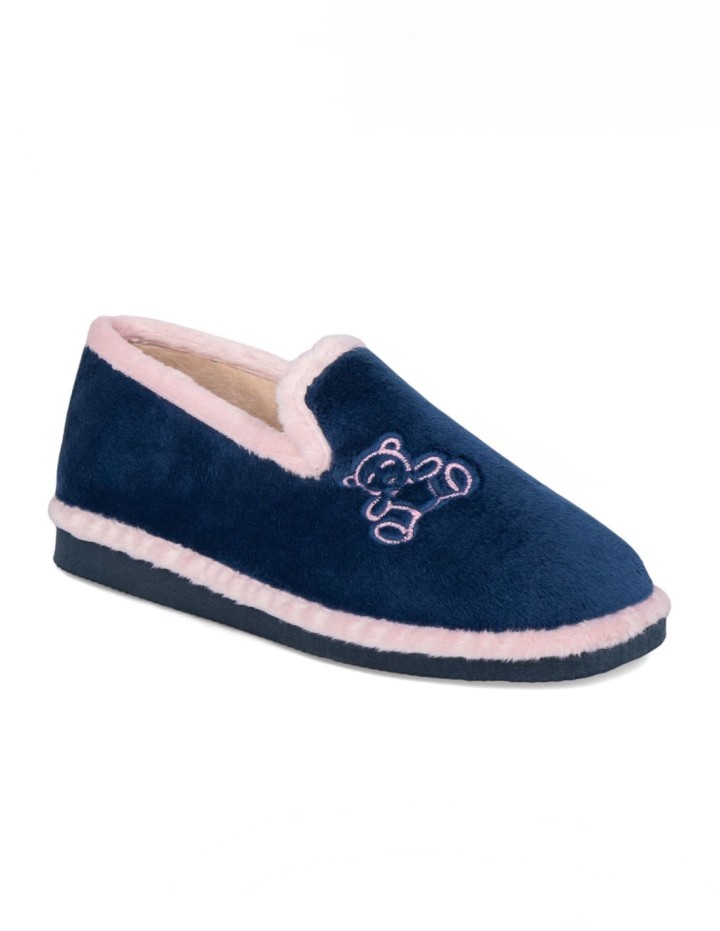 Zapatillas de casa cerradas en color marino con borde rosa y estampado osito