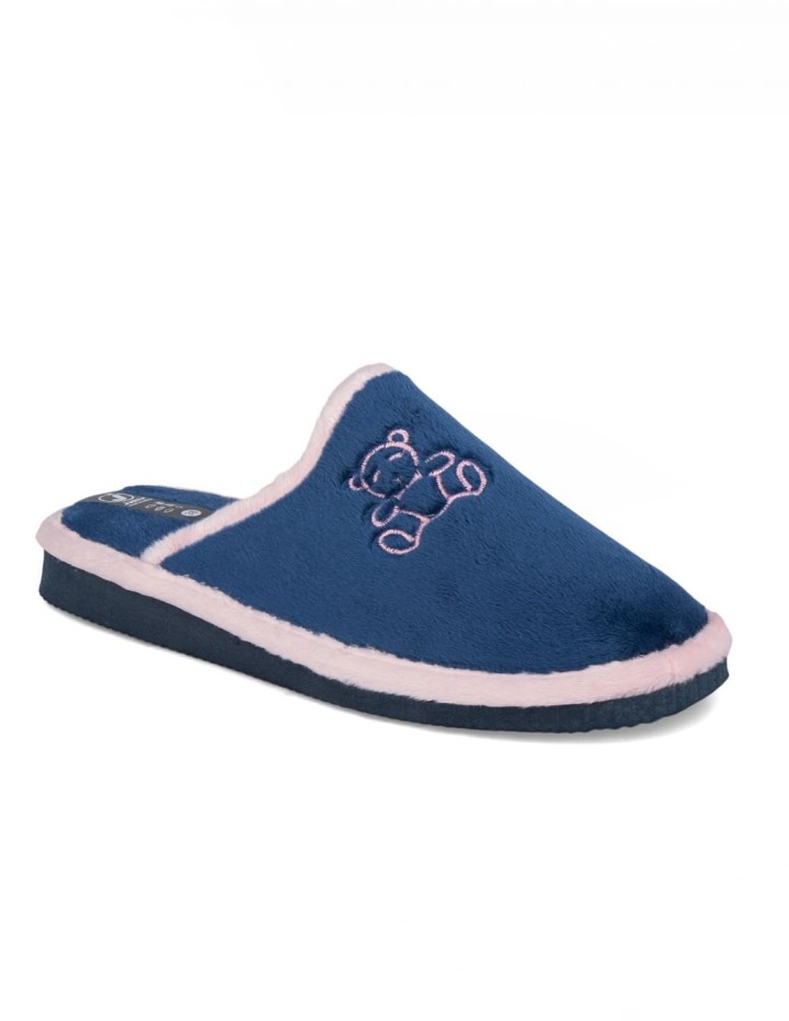 Zapatillas de casa abiertas color marino borde rosa estampado osito