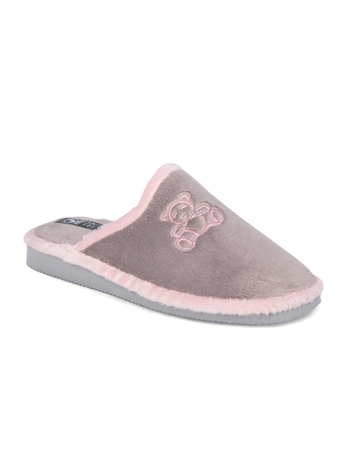 Zapatillas de casa abiertas color niebla borde rosa estampado osito