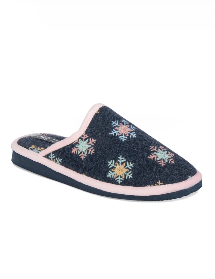Zapatillas de casa abiertas color marino borde rosa estampado copos de nieve
