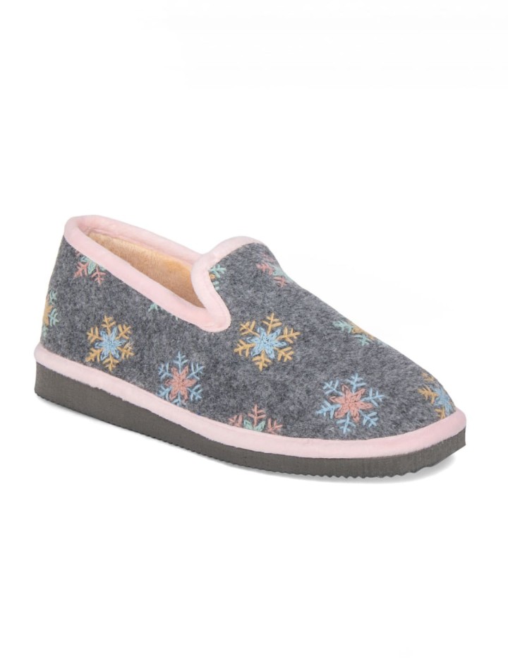 Zapatillas de casa cerradas color gris borde rosa estampado copos de nieve