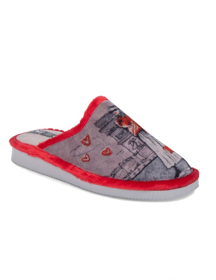 Zapatillas de casa abiertas color niebla borde rojo estampado mujer