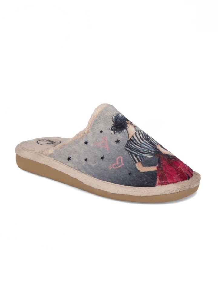 Zapatillas de casa abiertas color beig estampado mujer