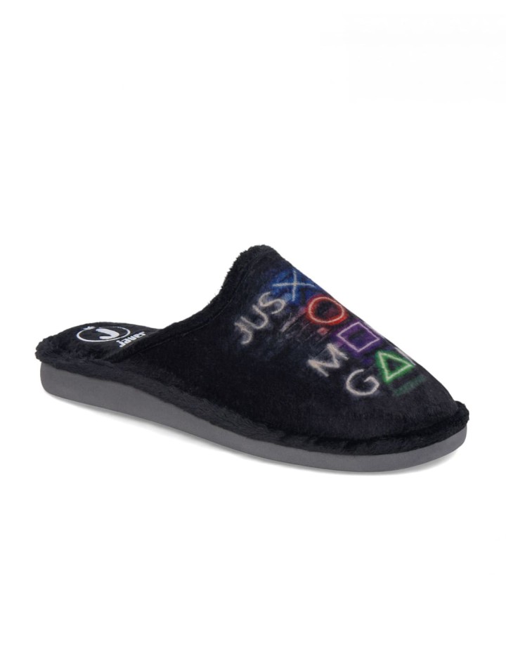 Zapatillas de casa abiertas hombre color negro estampado Just One More Game