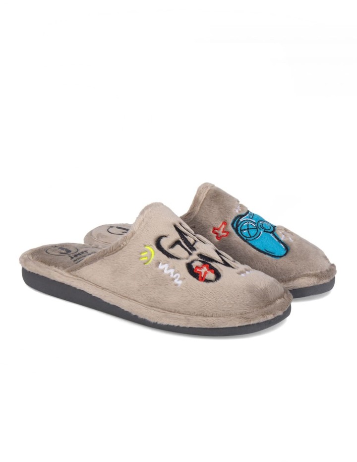 Zapatillas de casa abiertas color taupe estampado Game Over
