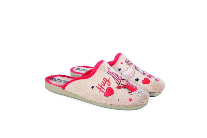 Zapatillas de casa abiertas color beige borde rojo estampado Hug me!