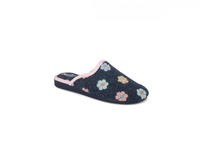 Zapatillas de casa abiertas azul marino estampado flores
