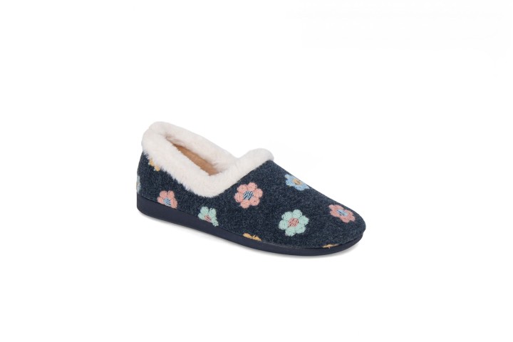 Zapatillas de casa cerradas mujer azul marino estampado flores