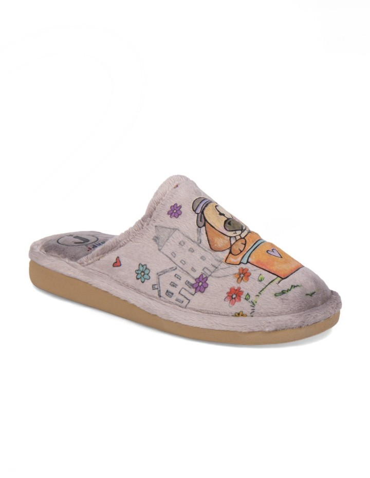Zapatillas de casa abiertas color niebla estampado perrito maceta
