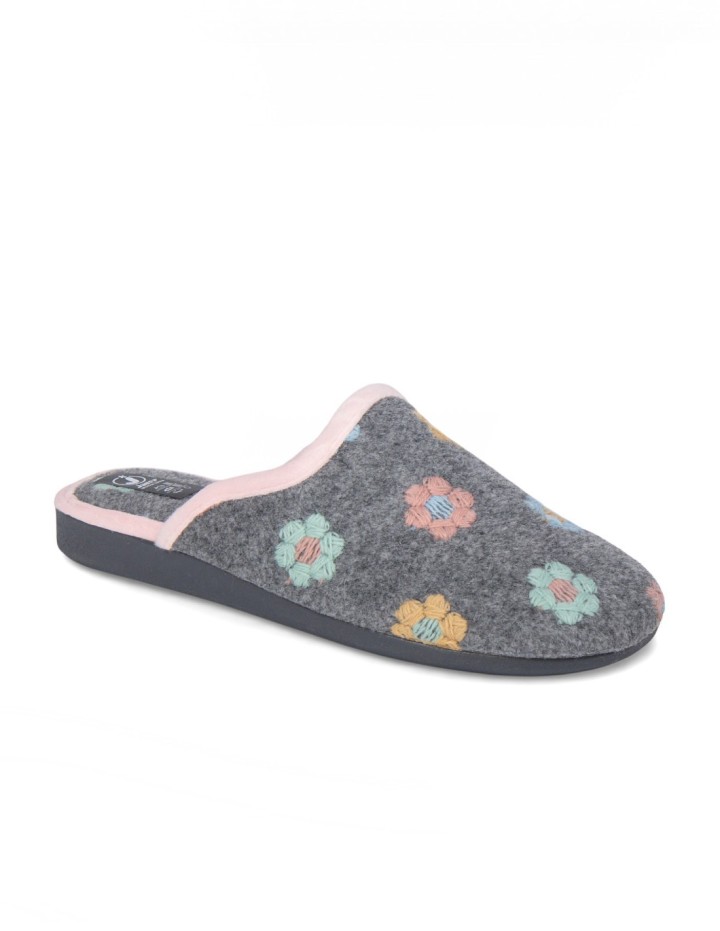 Zapatillas abiertas mujer color gris estampado flores