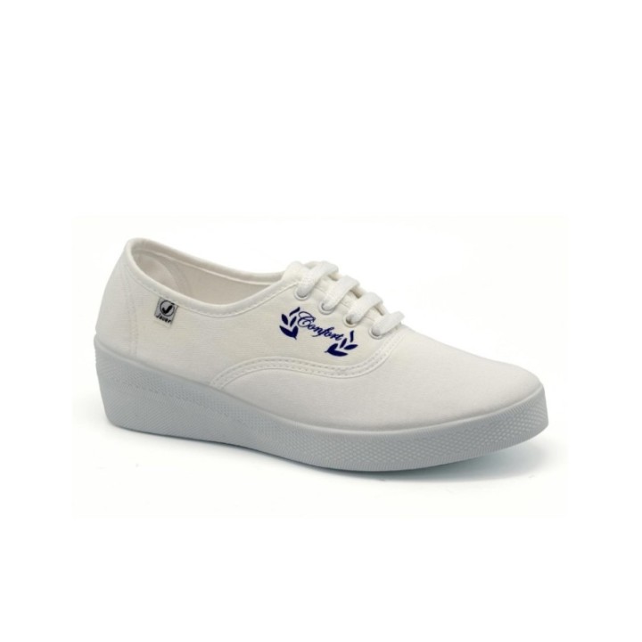 Zapatillas lona con cordones y cuña alta color blanco