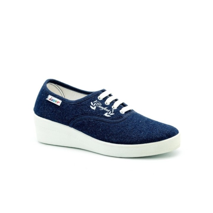 Zapatillas lona con cordones y cuña alta color tejano