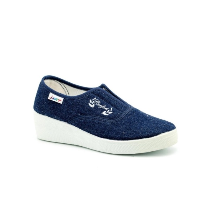 Zapatillas lona con elástico y cuña alta color tejano