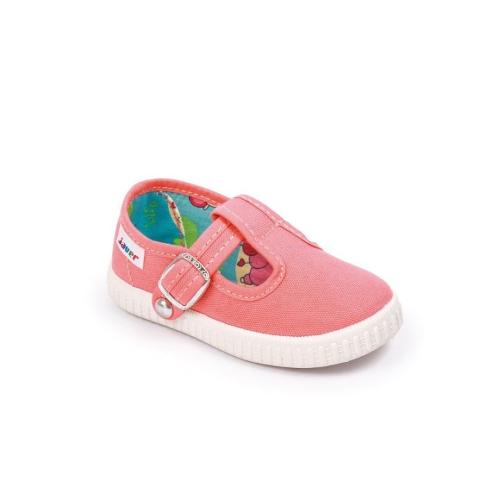 Sandalias lona con cierre de corchete color coral