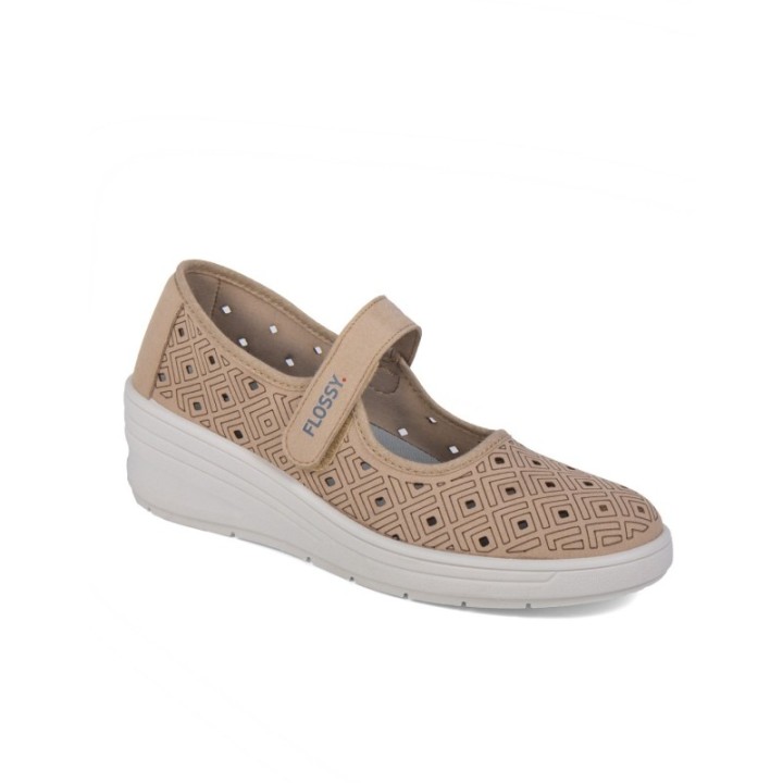 Zapato de cuña cinta velcro color arena