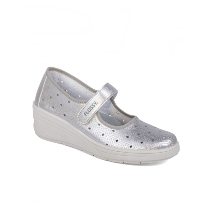 Zapato de cuña cinta velcro color plata