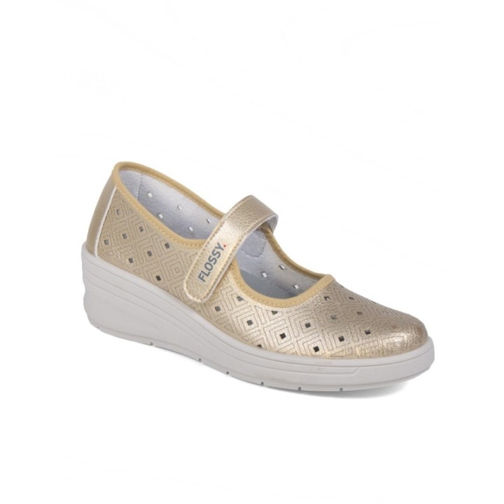 Zapato de cuña cinta velcro color oro