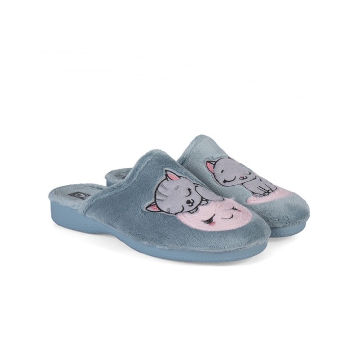 Zapatillas casa abiertas confort gatitos color aguamar