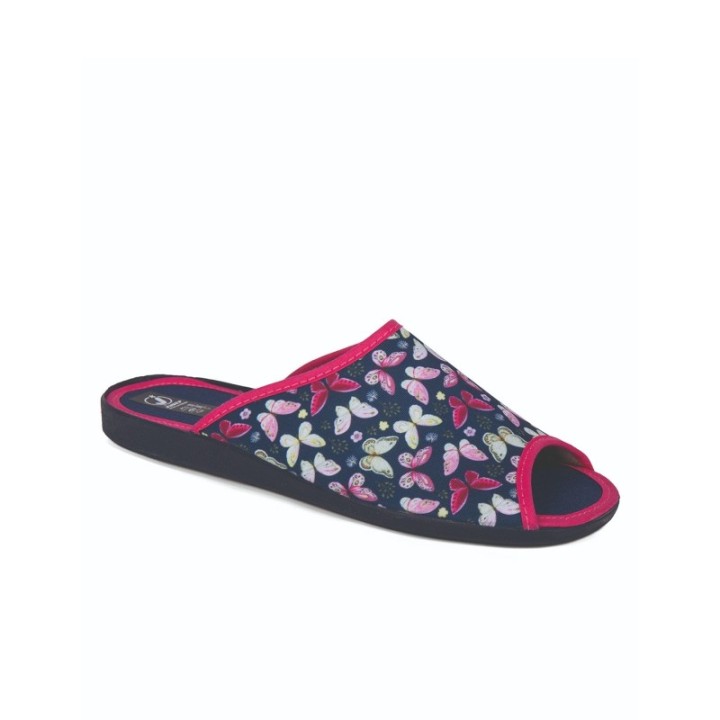 Zapatillas de casa verano mujer puntera abierta estampado mariposas color marino