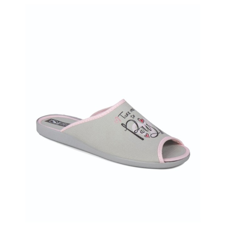 Zapatillas de casa verano mujer puntera abierta estampado París color niebla