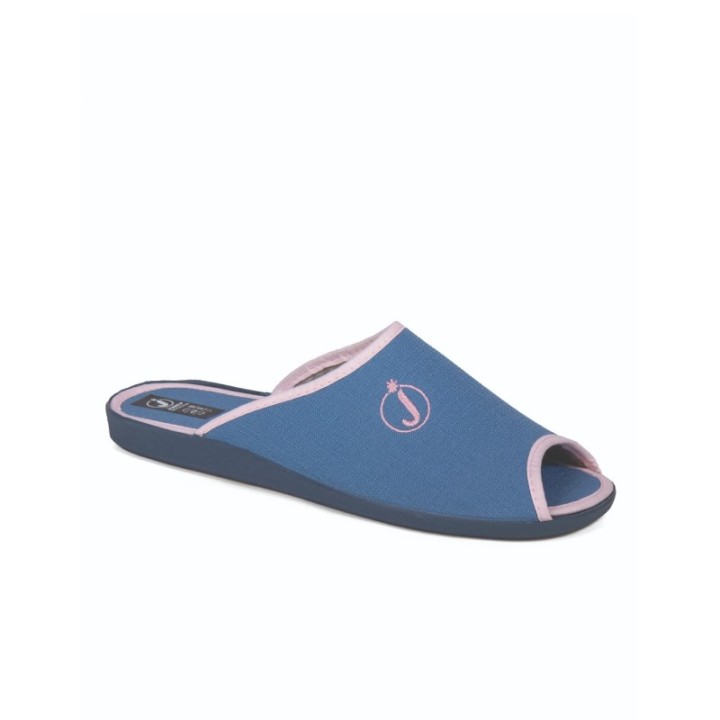 Zapatillas de casa verano mujer puntera abierta estampado París color azulina