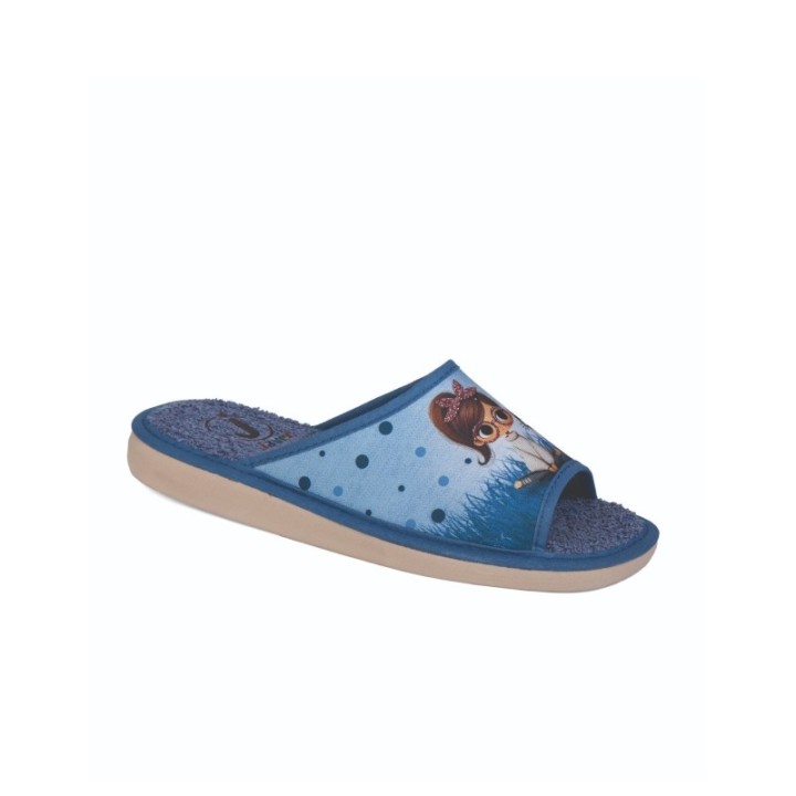 Zapatillas de casa verano mujer puntera abierta niña y gato color azulina