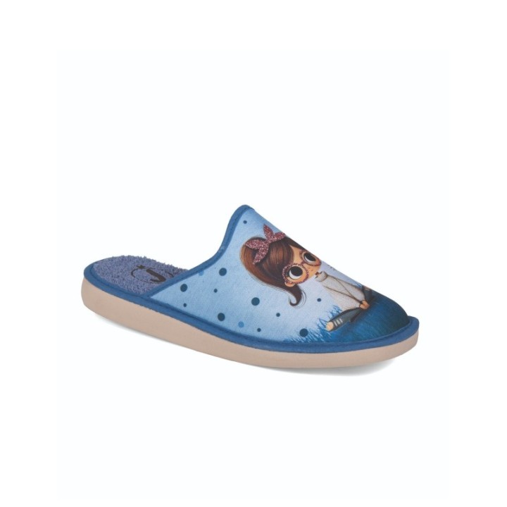 Zapatillas de casa verano mujer puntera cerrada niña y gato color azulina