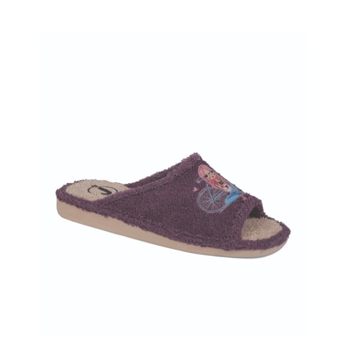 Zapatillas de casa verano mujer puntera abierta niña y bicicleta color malva